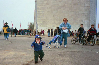 Alexander stomps around in front of the Washington Monument
